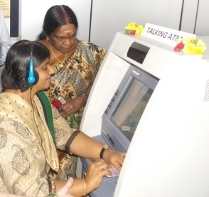 Madhu Singhal, Managing Trustee and Founder of Mitra Jyothi inaugurating Talking ATM installed near Mitra Jyothi, Bengaluru